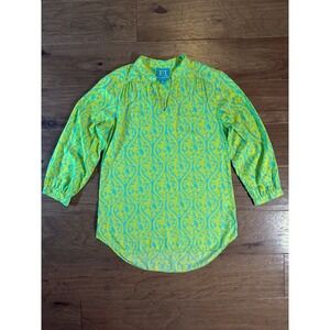 Escapada Womens Lime Green Turquoise Damask Scroll Rayon Tunic Blouse Size M